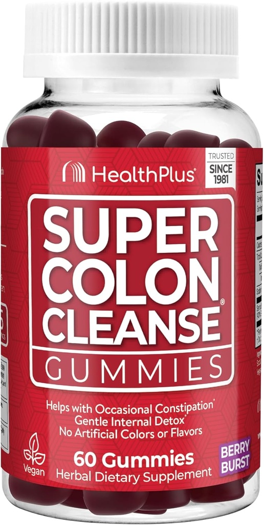 Sănătate Plus Super Colon Cleanse Gummies 15 zile de aprovizionare de ajutor de peste noapte blând de constipație ocazională, extract de frunze de senna naturale, Supliment alimentar, Aroma de Berry mixte, 60 Conte