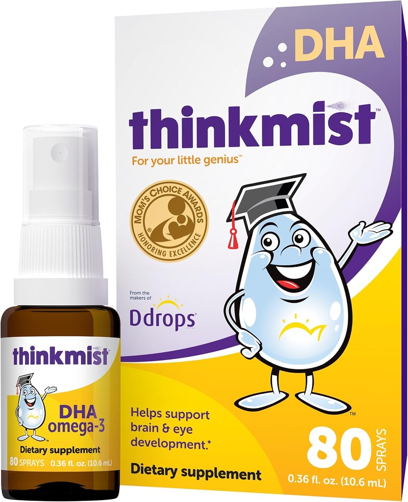 Dropy do 124; Thinkmist Kids DHA Omega-3, 80 Sprays - Codzienne płynne suplement Omega-3 - Wspiera zdrowe funkcje mózgu / widzenia. No Sugary Gummies, Non-GMO