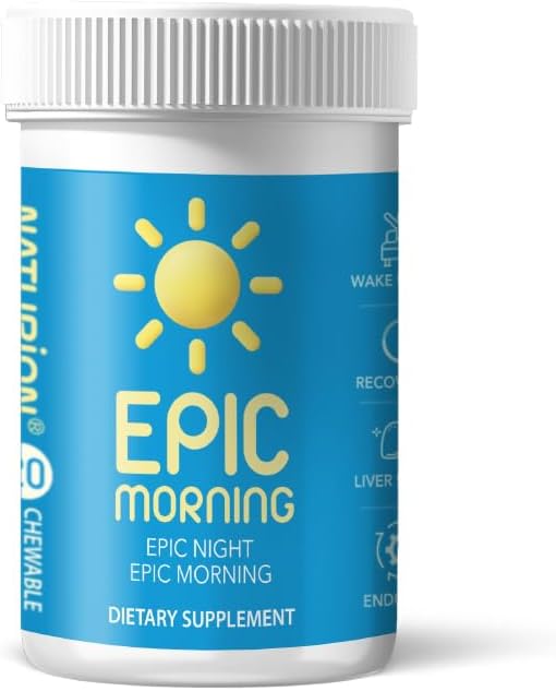 Epic Morning - Pečeň Detox & Repair Supplement with DHM, Milk Thitle, Vitamín C, B1, B2 a granátové jablko - Prírodné granátové jablko a broskyňová príchuť - 20 Žuvacie tablety na podporu pečene a zotavenie do rána