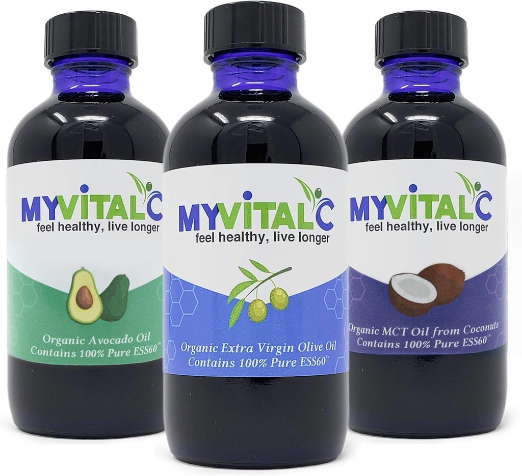 MyVitalC Combo de aceite de oliva virxe extra orgánico, MCT e aceite de aguacate - suplemento antioxidante ESS60 - para anti-envellecemento, lonxevidade, sono, enerxía - Pack de 3