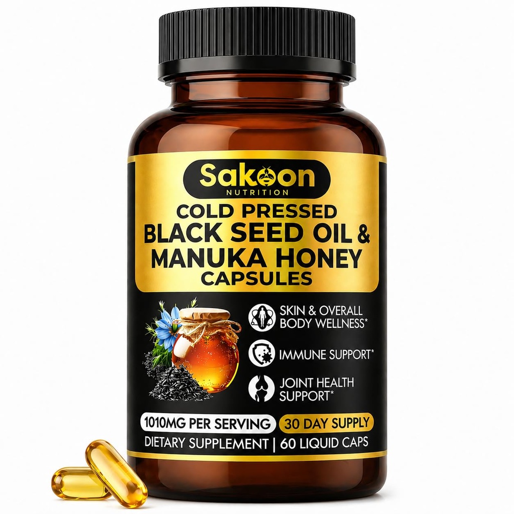 Black Seed Oil Capsules - With New Zealand Manuka Honey, Cold Pressed Turkish Nigella Sativa Oil, 2% Thymoquinone, Immune & Digestive Support, Made in USA, 60 Count, 1010mg per serving