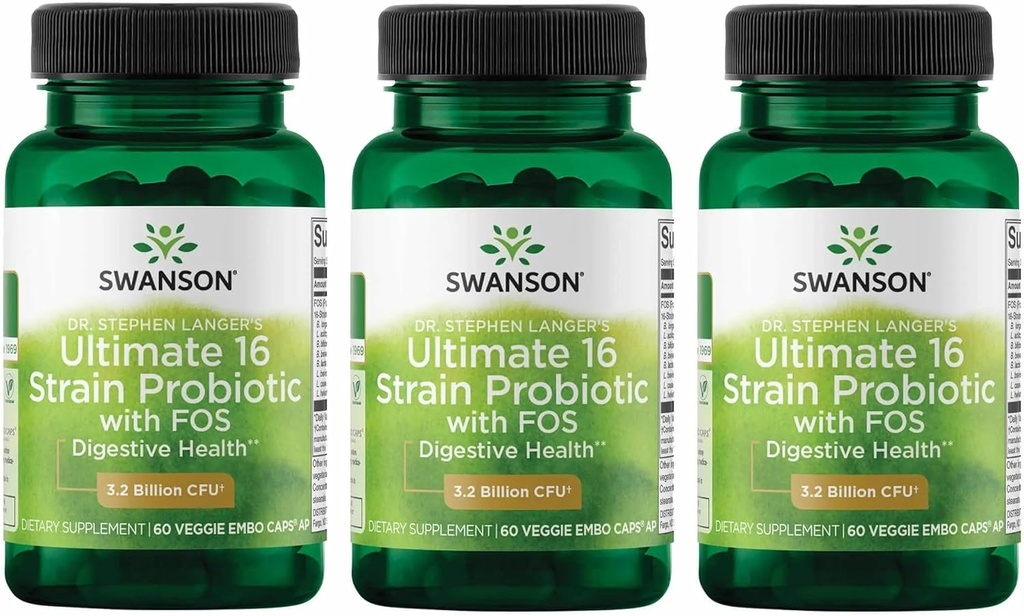 Swanson Dr. Stephen Langer's Formula - Natural Probiootti w/ Prebiootti FOS - 16- strain Supplement Promoting digestiivinen tuki w/ 3, 2 miljardia PMY per kapseli - (60 kasviskapselit) 3 pakkaus