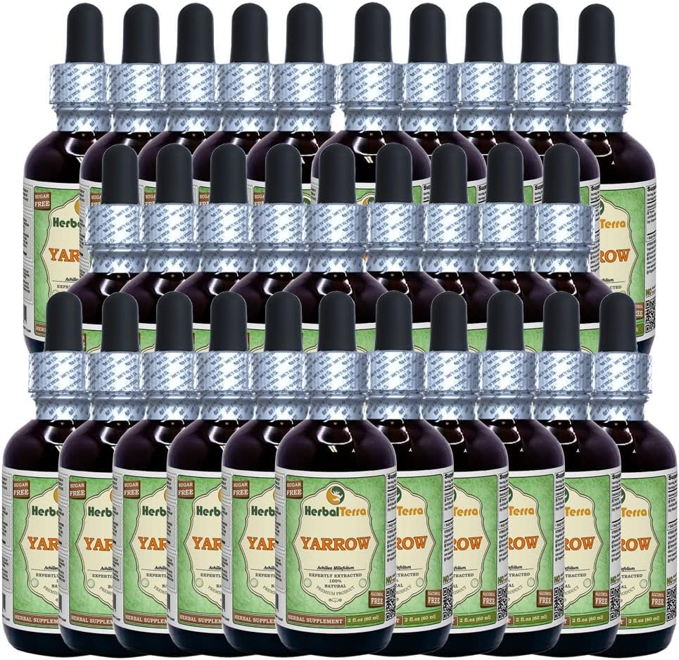 Yarrow (Achillea Millefolium) Glycerite, Organic Dried Flowers Alcohol-Free Liquid Extract (Nome de terra: HerbalTerra, Proudly Made in USA) 30x2 fl.oz (30x60 ml)