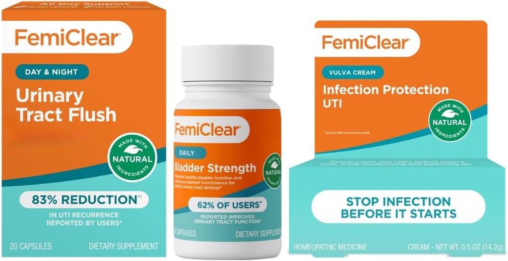 FemiClear - Day & Night Urinary Support - Bladder Strength Supplement - Infektionsschutz Vulva Cream, Schutz vor Urinary Tract Infections- Hergestellt in USA
