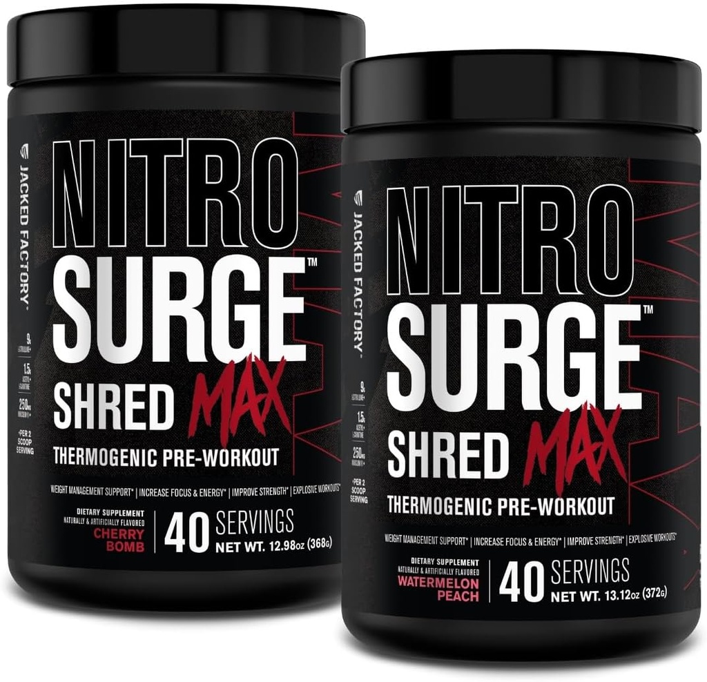 Піджимний завод Nitrosurge Shred Max Preworkout - високоефективний термогенний порошок для тренувань з L Citrulline, ацетил L Carnitine, Органічний кофеїн - 80 Сервінги, вишневий бомб і кавуна Peach