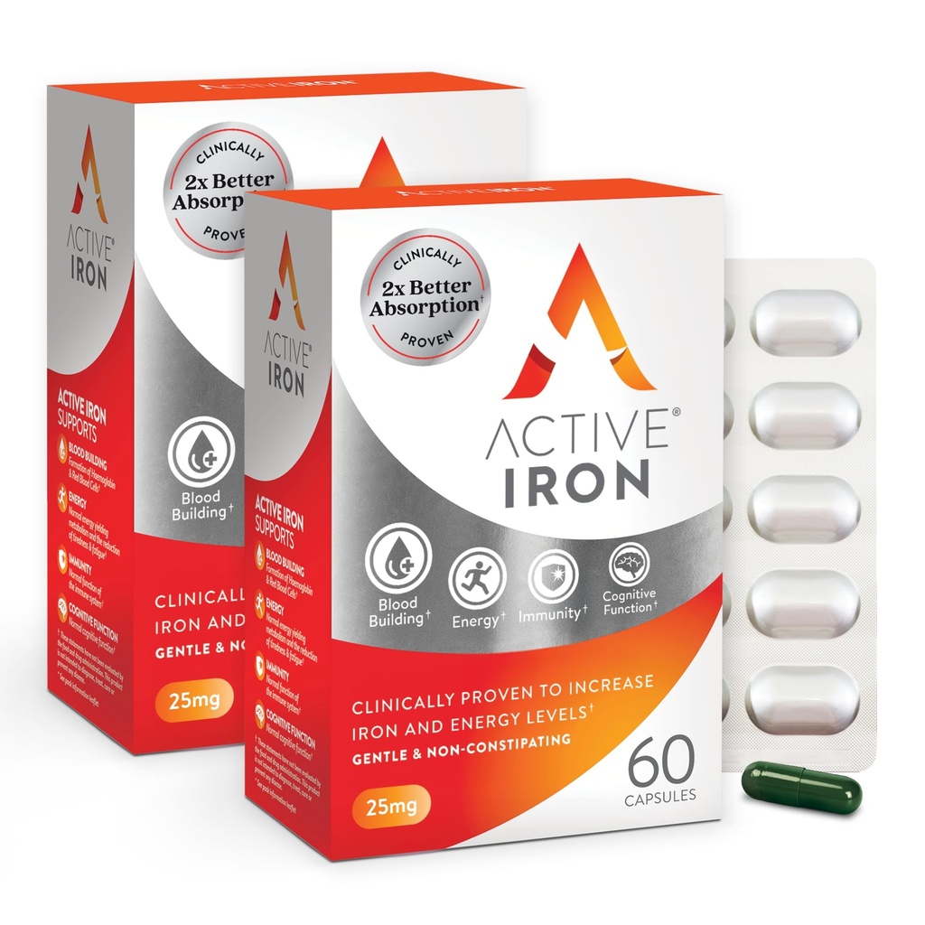 Active Iron Supplement 25mg, Clinically Proven to Increase Iron & Energy Levels, Maximum Absorption, Gentle, Non-Constipating, Avoids Nausea & Side Effects, 120 On-the-Go Foil Protected Capsules