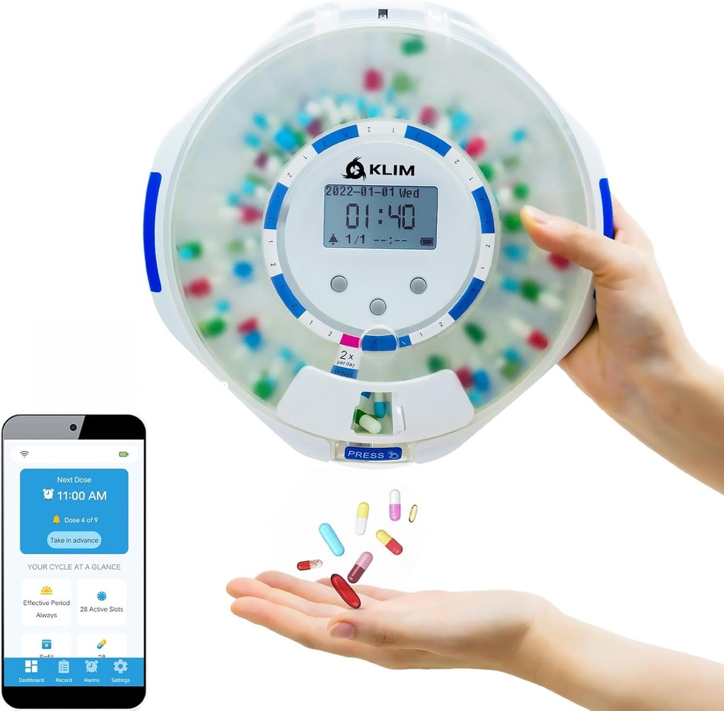 Dispenser KLIM Smart Pill con allarme - WiFi Monitoring App - Dispenser automatico di medicina di 28 giorni per la cura di anziani & Alzheimer - chiave di blocco - nuova versione
