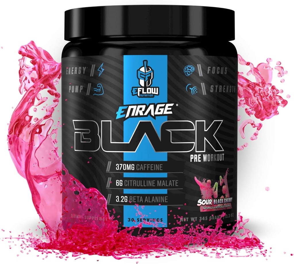 eFlow ravitsemus Enrage Black High Stimulant Pre Treout täydennysosa - Preworkout jauhe Boost energiaa, pumppuja ja voimaa - 4 makuja (30 tarjoilua) (Sour Black Cherry)