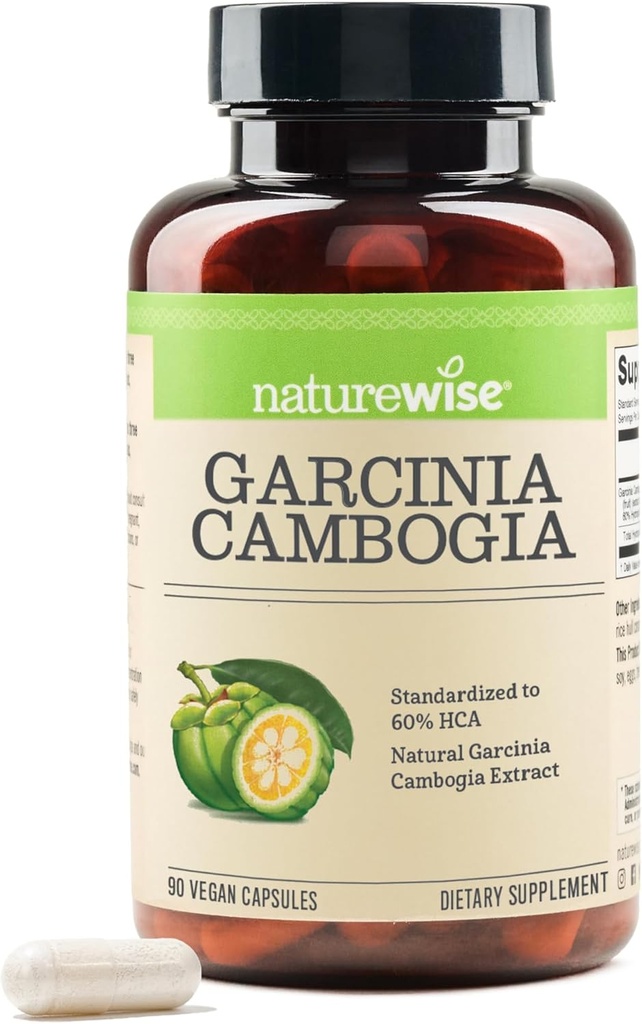 Naturewise Garcinia Cambogia - 60 % HCA 농도 추출물, 체중 목표 및 에너지 수준을위한 자연 지원 - Vegan, Non-GMO, 글루텐 무료 - 90 캡슐 [1-3 개월 공급]