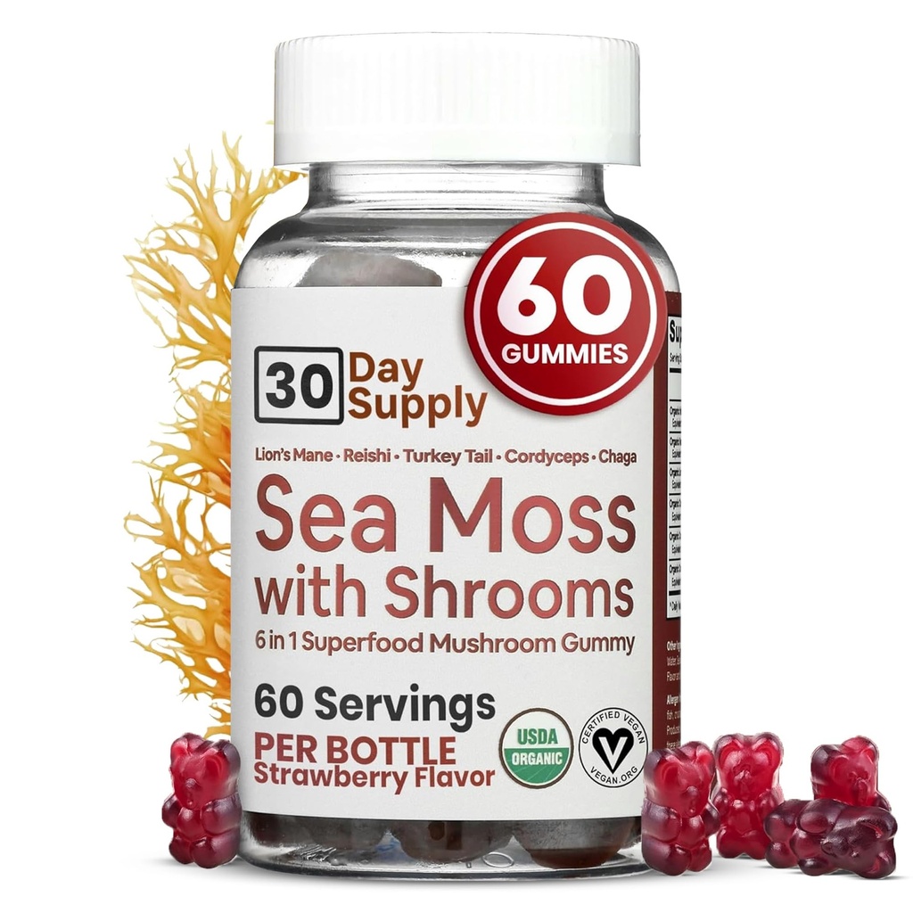 Atlantic Naturals Sea Moss Gummies with Lions Mane Mushroom | Sea Moss Gel Alternative with Irish Sea Moss Reishi, Cordyceps Chaga & Turkey Tail Supplement | Helps Immunity Energy & Focus | 60 Gummies