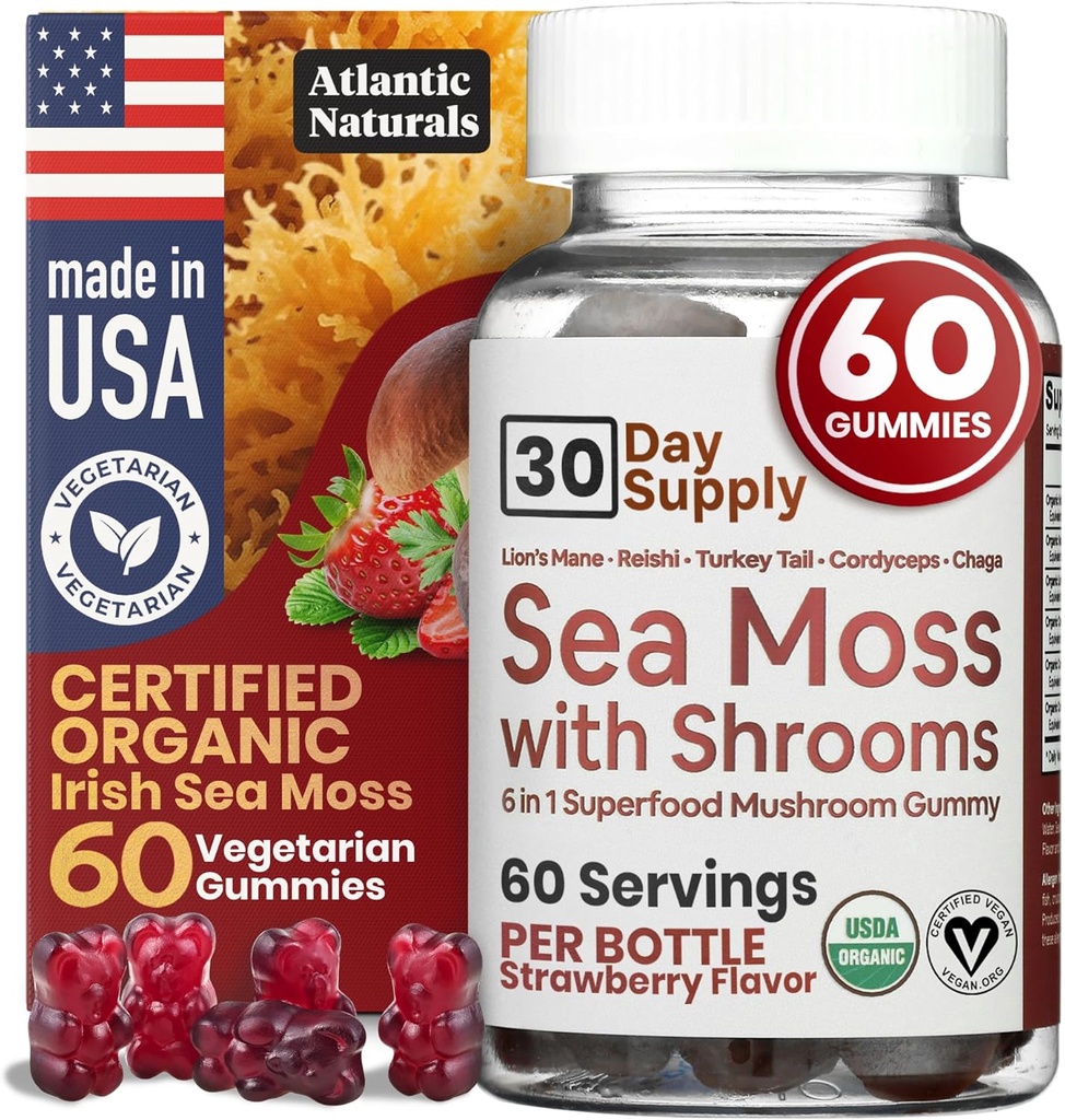 Sea Moss Gummis mit Lions Mane Mushroom - Sea Moss Gel Alternative mit Irish Moss, Reishi, Cordyceps, Chaga & Turkey Tail Supplement - Fokus Gummy Ohne Kaffee- 60 ct