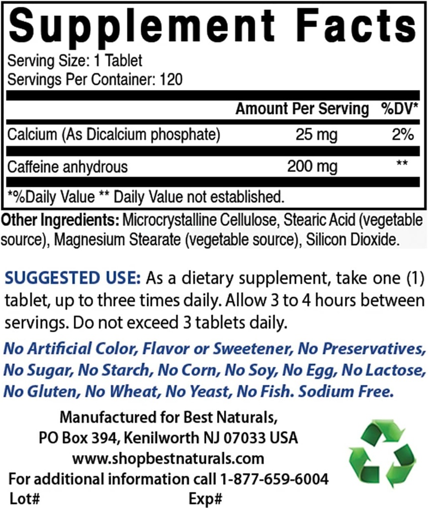 Geriausi Naturals Caffeine 200mg & Bevandenis Bevandenis milteliai 1 Svaras