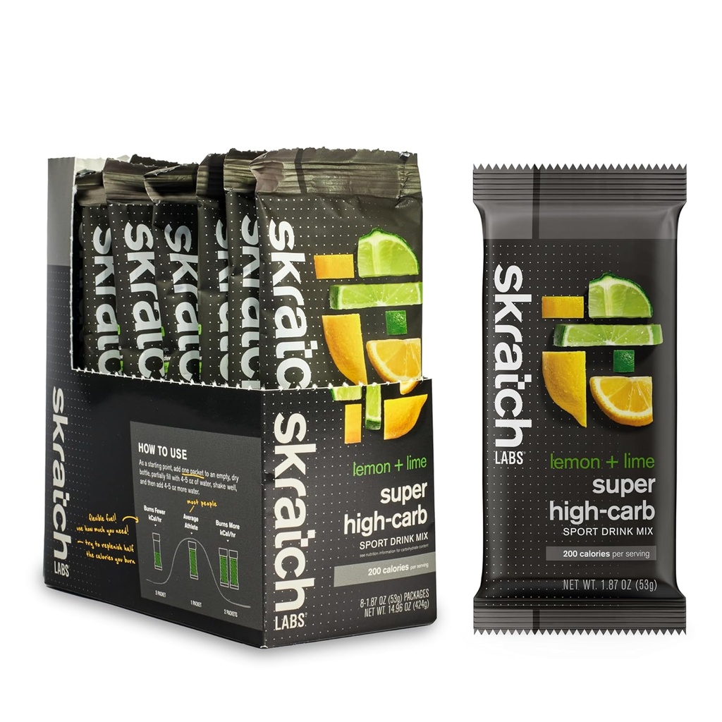 Skratch Labs Super Pachete de băuturi cu carbohidrați - Pulbere Carbohidrată - Cluster Dextrin și Electroliți - Endurance Energy- Energy Gel Alternative - Lemon/Lime - 8 Pachete de servire unică - Non-GMO