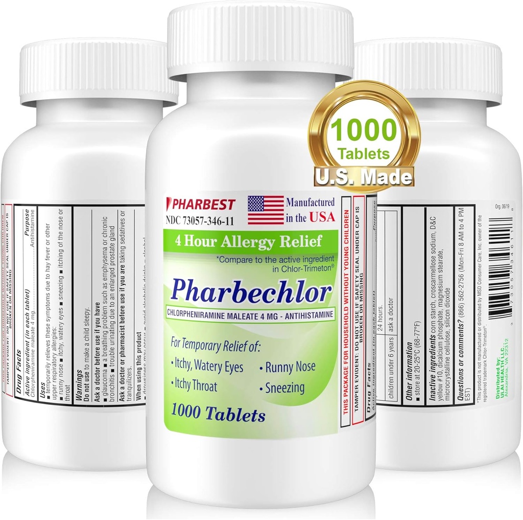 Ulai 4 Hour Allergy Relief 1000 Ct [Made in USA] | Itchy, Watery Eyes, Runny Nose, Sneezing, Sinus Relief | Chlorpheniramine Maleate 4 mg | Antihistamine Allergy Medicine Pharbechlor (1 Bottle)