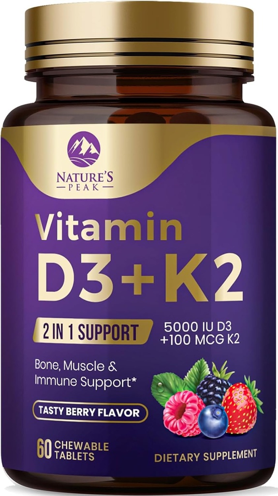 Vitamīns D3 K2 - 5000 iu D3 vitamīns un 100 μg K2 vitamīns (MK-7) Sarežģīts imūnās sistēmas atbalstam - kaulu, zobu un muskuļu veselības atbalsts - Berry Chewable, bez lipekļa, ne- GMO, pudelēs ASV - 60 tabletes