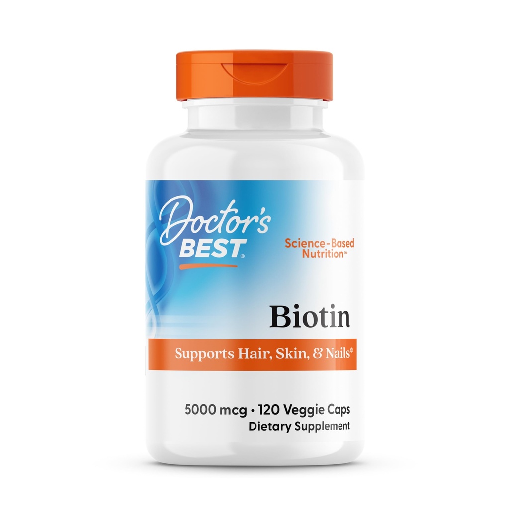 Doctor's Best Biotin Vitamin Supplement 5000 mcg for Men & Women - Biotin Capsules for Hair Growth Support, Skin, & Nails, Non GMO, Gluten Free, Soy Free, Vegan - 120 Veg Caps
