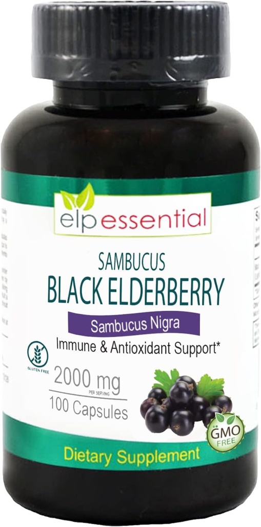 ELP ESSENTIAL Black Elderberry Capsules 2000mg 124; 100 Count 124; Super berkonsentrasi Sambucus Extract, Antioksidant dan Imune