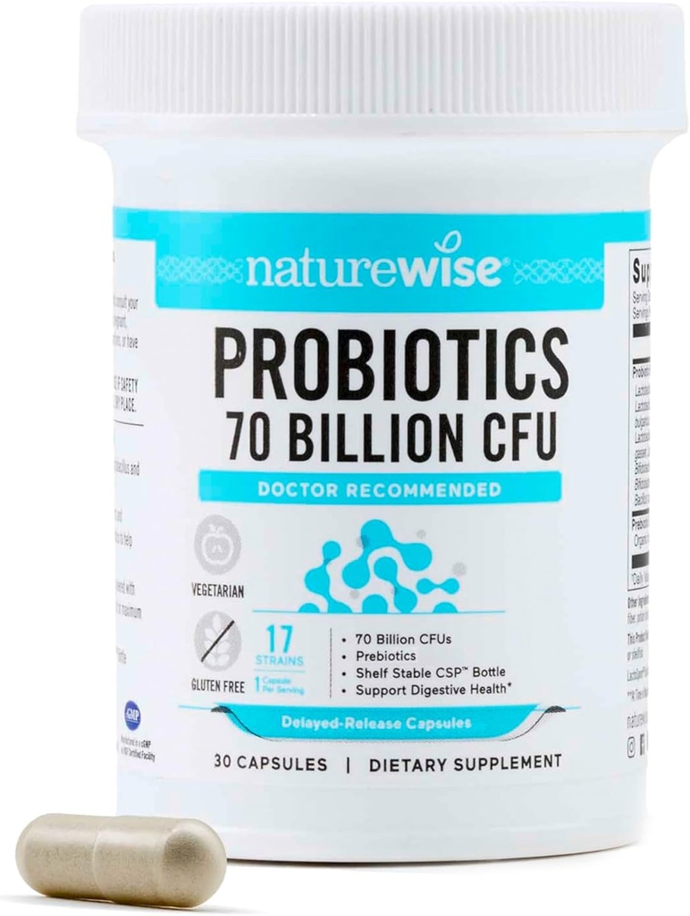 NatureWise Probiotics 70 Billion CFU - 17 Strains + Organic Prebiotics - Immune, Digestive & Gut Health Support for Women and Men - Vegetarian, Gluten-Free, Non-GMO - 30 kapsulak [-Month Supply]