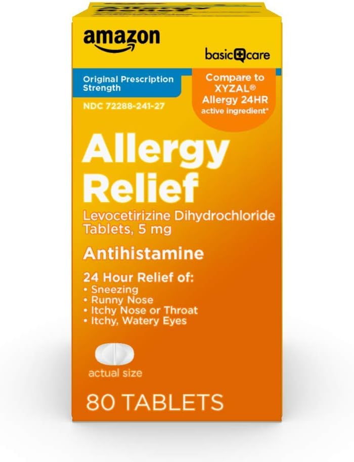 Chăm sóc sức khỏe cơ bản 24 tiếng đồng hồ Any Allery, Levocetirizine Dihydrochloride Stts, 5 mg Antihitamine cho Snezing, Runny Nose, Itchy Nose hay Try, Ithy, Watery Eyes, 80 Count