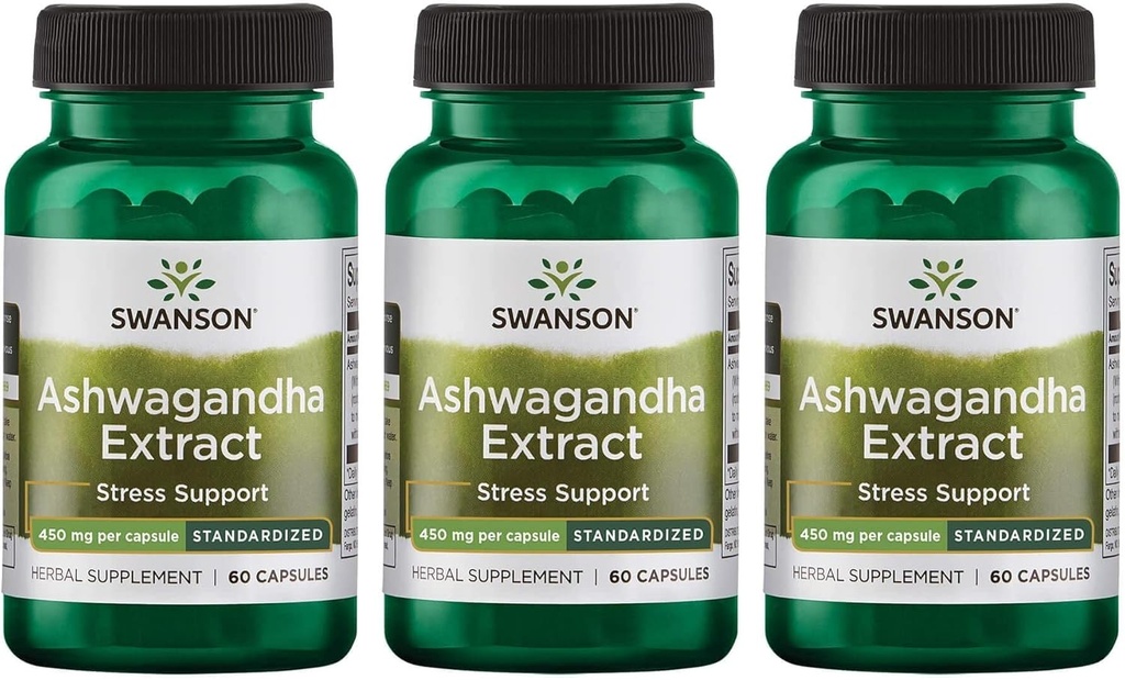 Swanson Ashwagandha Extract-Natural Supplement Promoting A Healthy Stress Response, Energy Support & Zenuwstelsel Health-Ayurvedic Supplement for Natural Wellness-(60 Capsules, 450mg Each) (3 Pack)