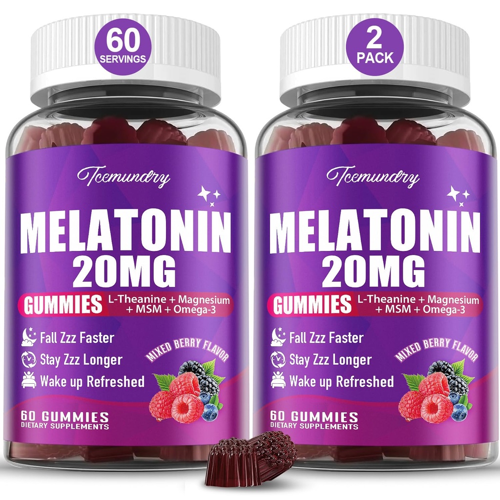 Melatonin Gummies 20mg for Adults - Maximum Strength Melatonin Gummies with L-Theanine, Magnesium, Omega-3, MSM, D3 & Zinc - Non-Habit Forming, Vegan, Non GMO, Natural Mixed Berry Flavor