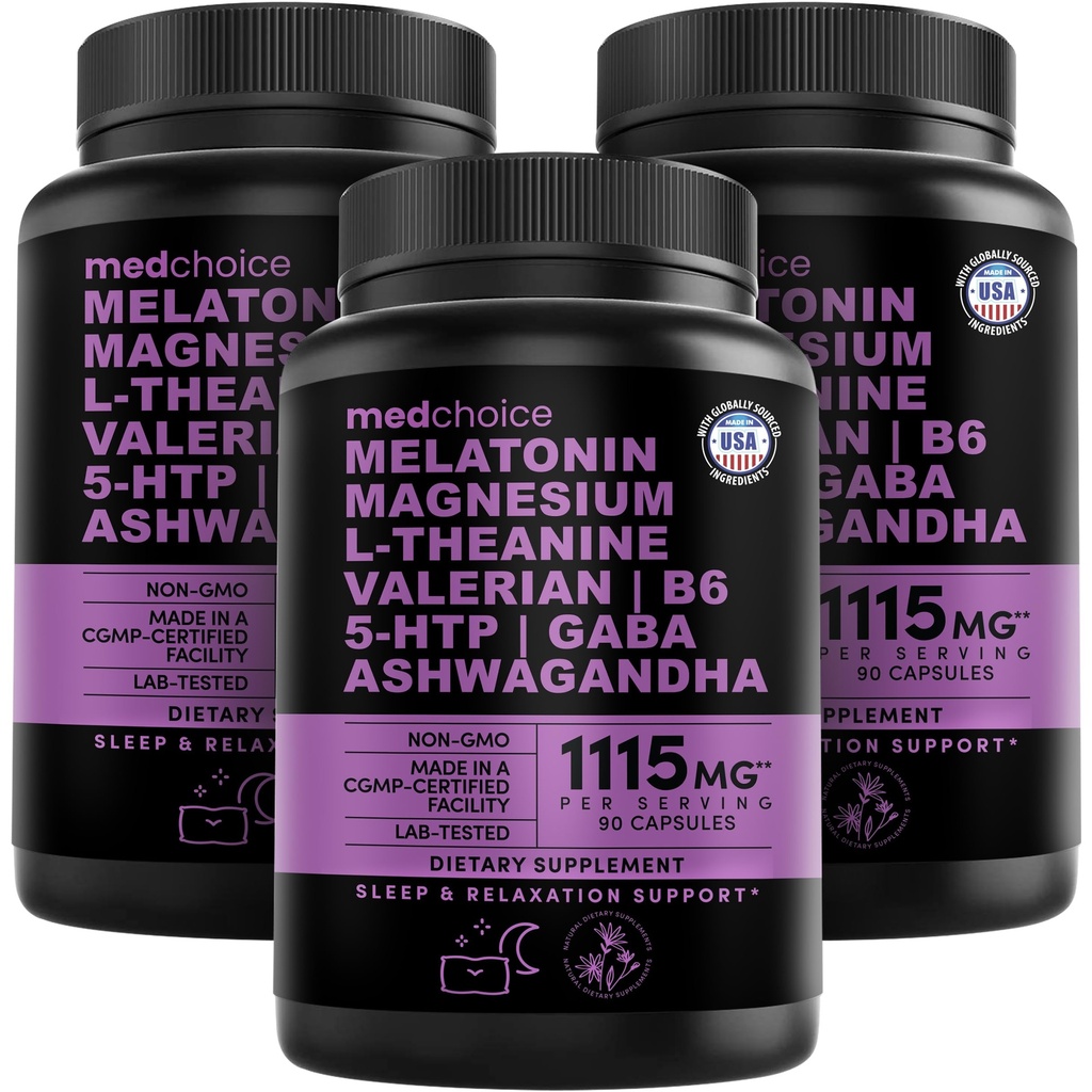 12-in-1 Melatonin Sleep Capsules - Natural Sleep Aids for Adults with Melatonin 5mg and Magnesium Glycinate 500mg, Sleep Aid with Ashwagandha, L Theanine, Valerian Root, GABA, 5-HTP (90ct, Pack of 3)
