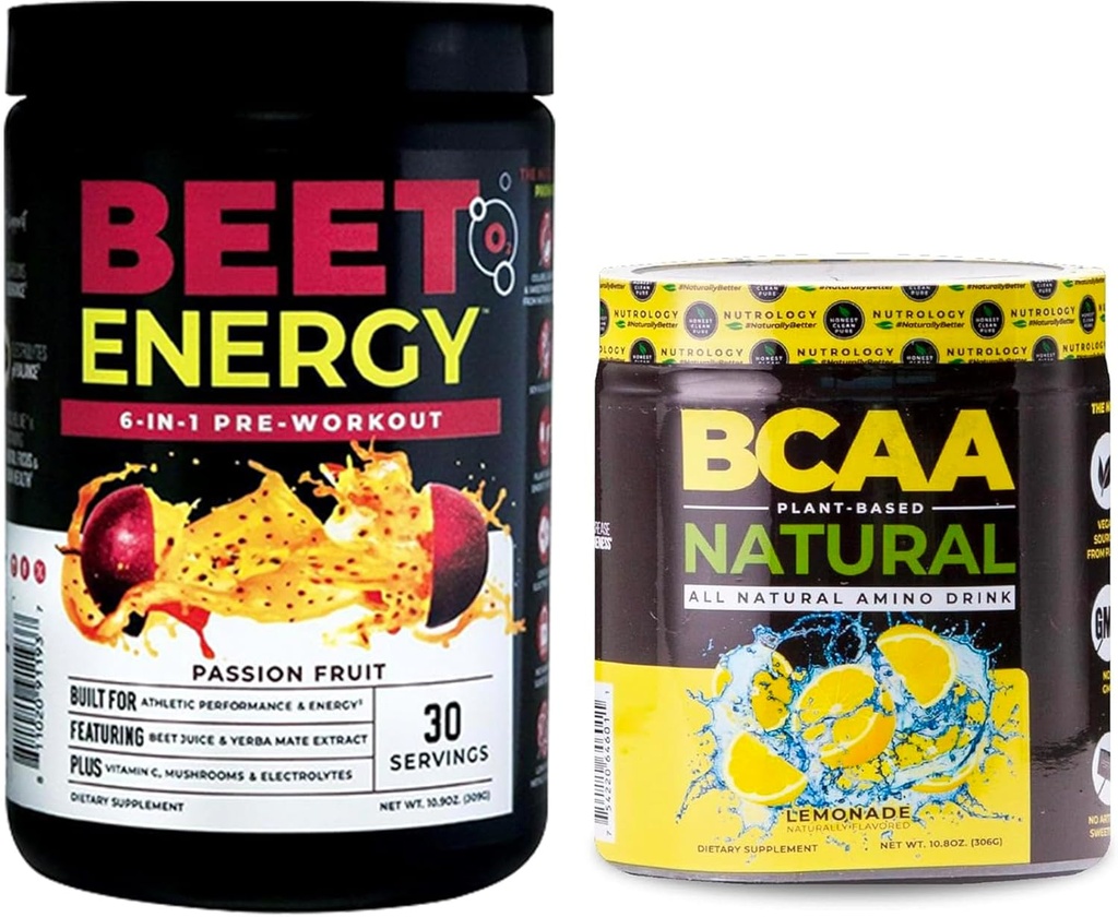 Nutrology Beet Natural O2, Pre Workout Powder, Passion Fruit Flavor (30 zerbitzatu) BCAA Natural, Plant Based BCAA Powder, Lemonade Flavor (30 zerbitzatu)