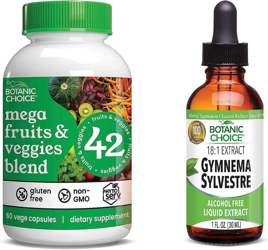 Botanická volba Mega Ovoce a Veggies Blend (60 Kapsle) + Gymnema Sylvestre Extract (1 fl oz) Bundle - Energy Balance & Superfood Dodatek