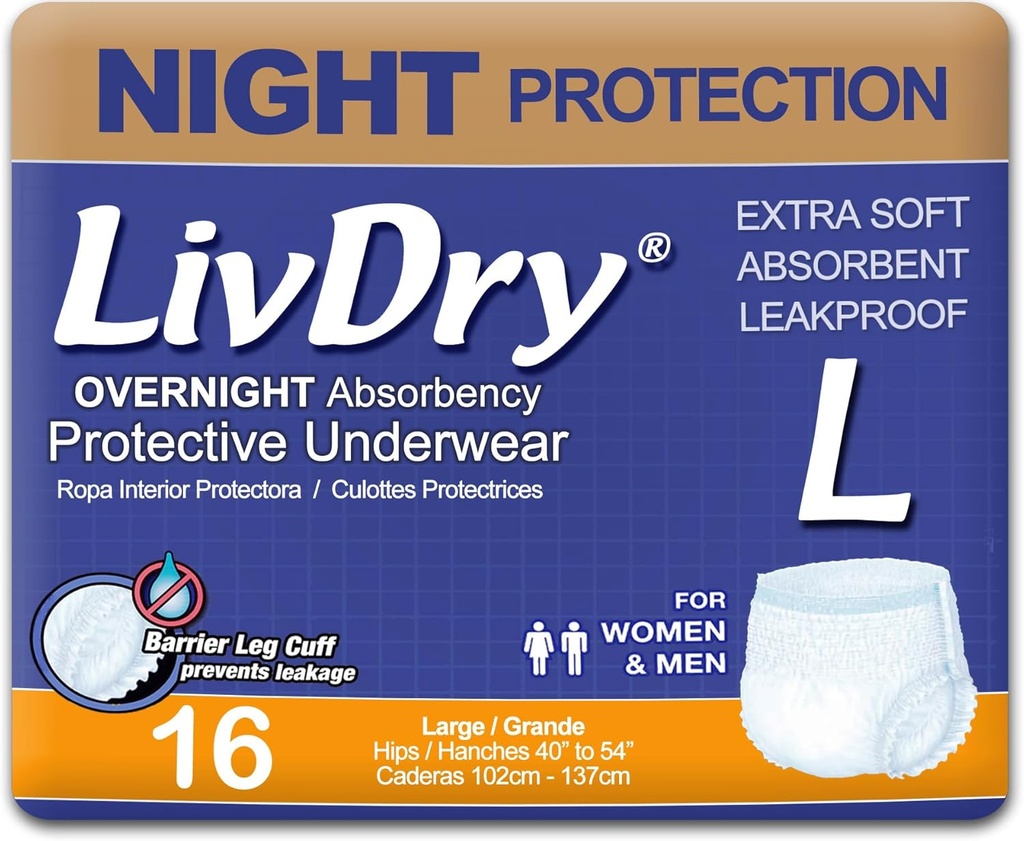 LivDry 成人糖尿病 大型失禁 内衣 超夜 防漏 16-Pack