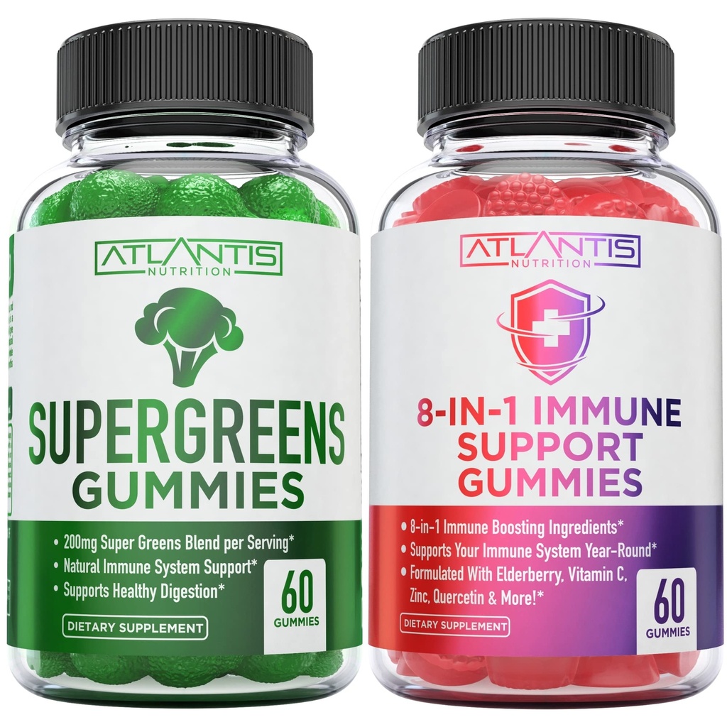 Atlantis Nutrition 60 Supergreens Gummies + 8-in-1 Immune Support 60 Gummies