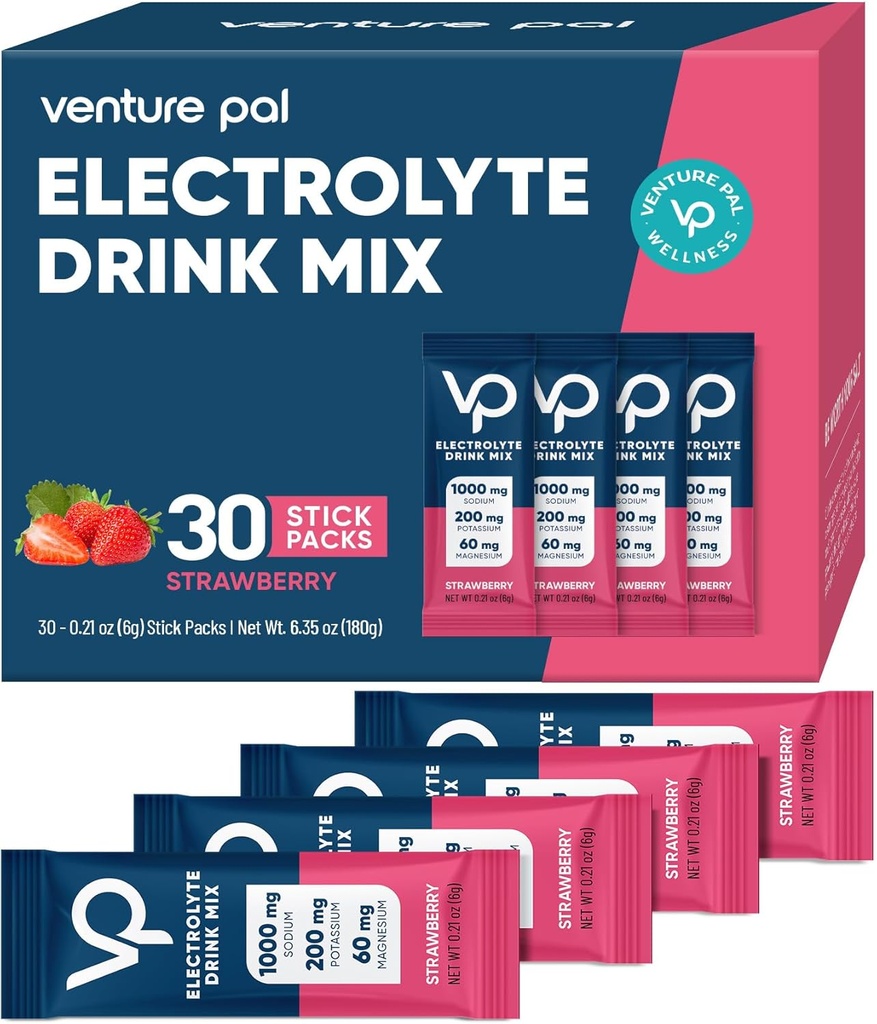 Venture Pal Hoge Natrium Suiker Vrij Electrolytes Poeder Pakket - Hydratatie Pakjes met Vitamine, Natrium en Kalium . . Zero Calorieën . . Vegan, Keto & Paleo Vriendelijke Electrolyte Drink Mix - 30 Sticks