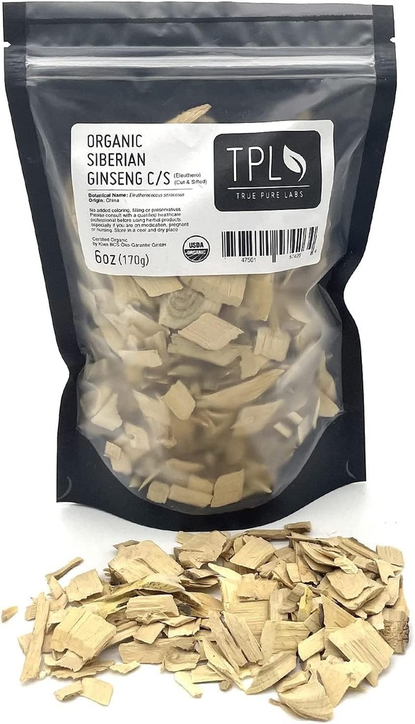 TPL Organic Siberian Ginseng Eleuthero Root Dried C/S 6Oz Premium kvalitet. Certifierad organisk. Glutenfri, icke GMO och Vegan