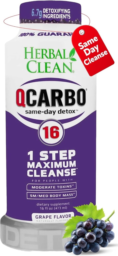 Herbal Clean Qkarbo16 Isti dan Detox Cleanse Drink (16 fl oz) - Grozdni okus Popolno čiščenje telesa* Detox Drink za zmerno raven toksina*, vitamin B2 in vitamin B12 za moške in ženske