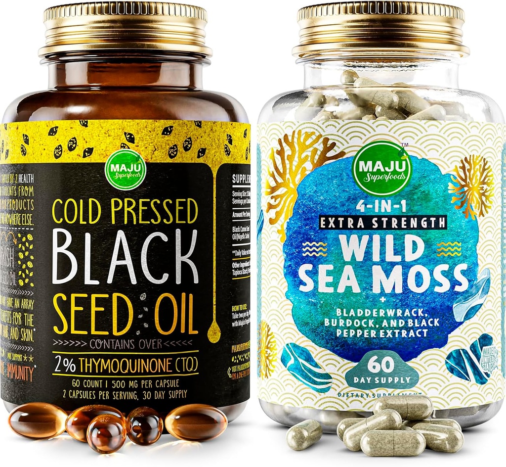 Maju Superfoods 4-i-1 Sea Moss Capsules og Black Seed Oil Capsules