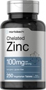 Horbäach Chelated Zinc bổ trợ 100mg 250 bảng đá TMG & High Potency & Supation  vội vàng, Non-GMMO, Gluten Free