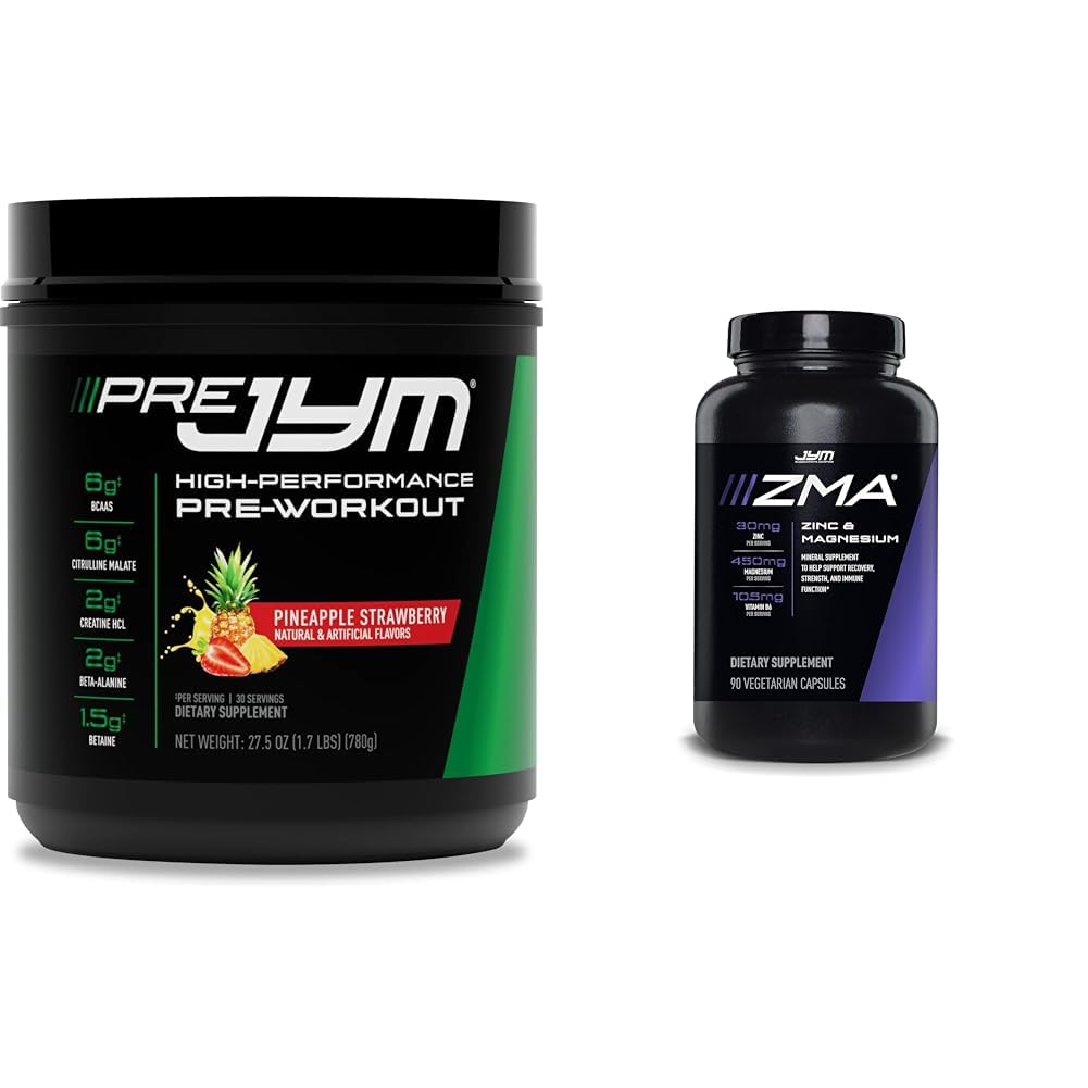 PRE JYM 30 Servings Pineapple Strawberry & JYM ZMA Zinc/Magnesium Capsules Supplement 90 Vegetarian Capsules