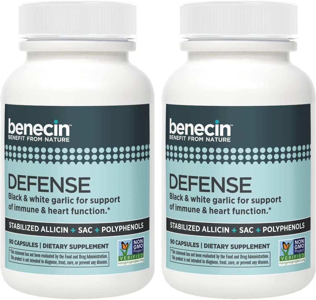 Benecin Defense 1500 mcg Stabilized Allicin per Capsule TEN Plus high Amounts of SAC &amp; Polyphenols from Black Garlic TEN Powerful Support of Immune & Heart Function Vegetarian Caps (1 Count (Pack of 180))