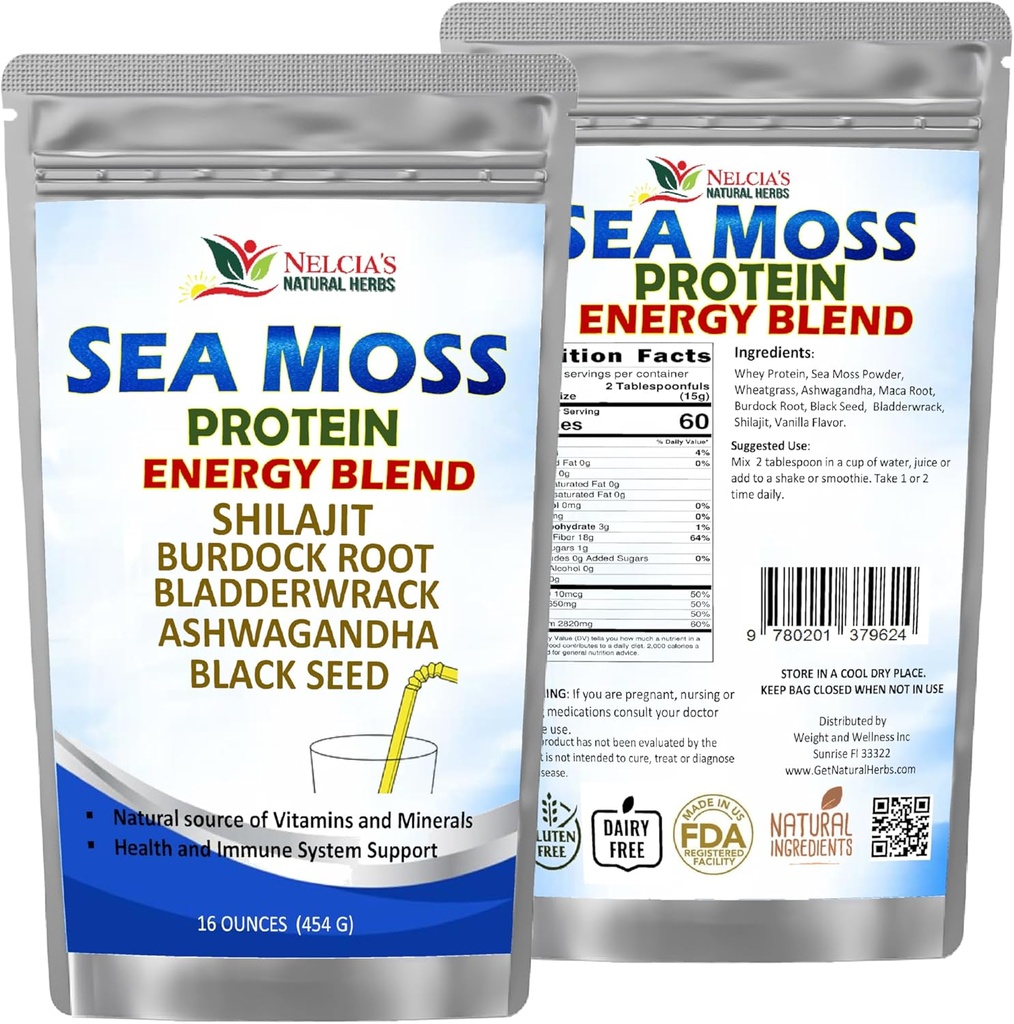 NELCIA's NATURAL HERBS Sea Moss Ashwagandha Protein Powder - Natural Irish Sea Moss, Bladderwrack e Burdock Root, Black Seed e Shilajit Powder (16oz)