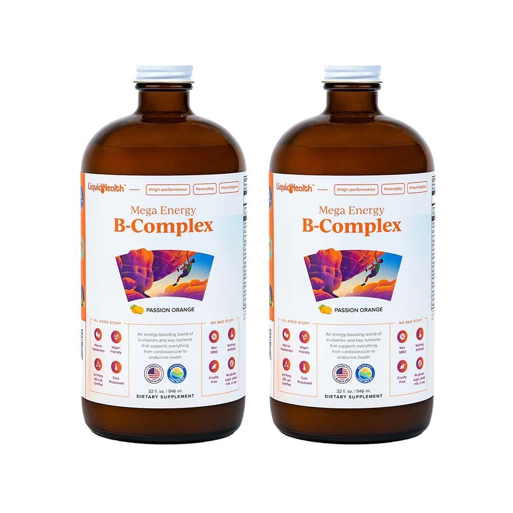 LIQUIDHEALTH Mega Energy Methylated B-Complex, Adult Liquid Vitamin Supplement - Increase Energy, Relieve Stress & Fatigue, Immune Support, Heart & Gut Health - Made in USA, Vegan, Sugar-Free (2 Pack)