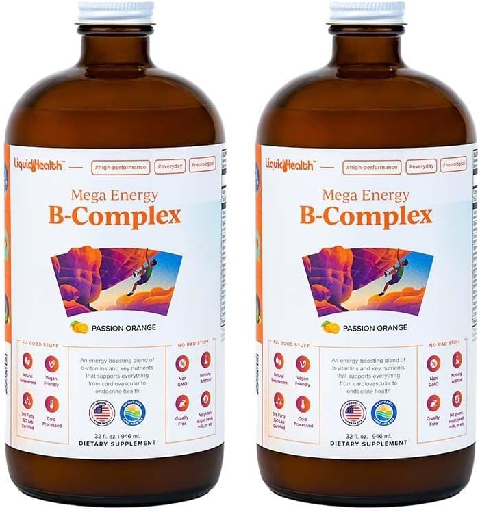 LIQUIDHELTH Mega Energy Methylovaný B-Complex, Doplněk pro tekutý vitamín - Zvýšení energie, Relieve Stress & Únava, Imunitní podpora, Srdce & Gut Health - Vyrobeno v USA, Vegan, Sugar- Free (2 Pack)