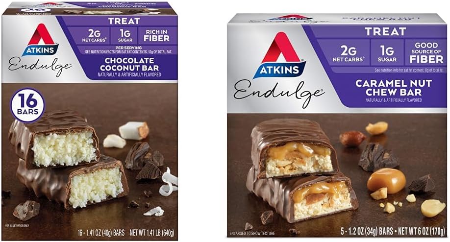 Atkins Endulge Chocolate Bar 16 Count & Caramel Nut Chew Bar 5 Count Bundle