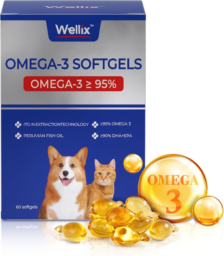 Wellix Pure Omega 3 Fish Oil for Dogs & Cats, Skin and Coat Supplement for Shedding, Promotes Heart, Skin, Coat, Joint, " Immune Health, Over 95% Omega 3, Rich in EPA + DHA, 60 Softgels