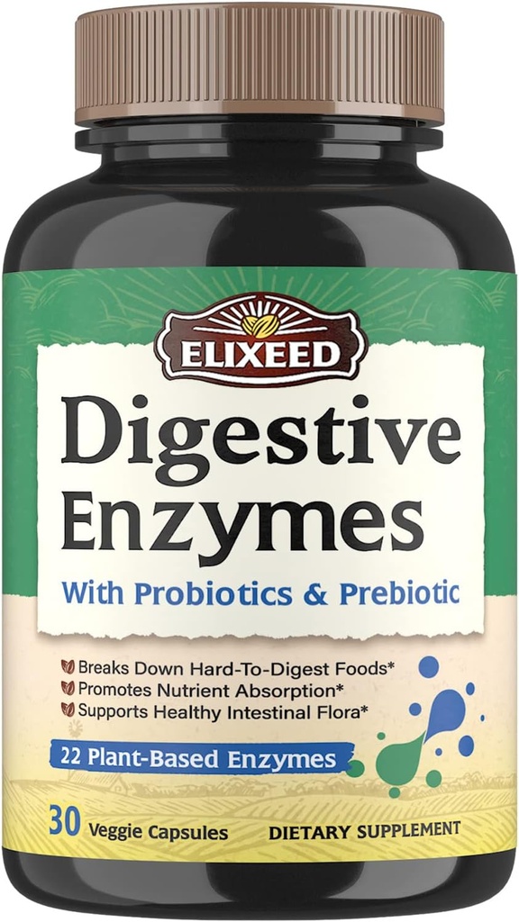 Digestive Enzymes Plus Probiotics ' Prebiotics, 22 Digestive Enzymes with Amylase, Protease, Lactase & More, Maximum Strength, for Healthy Digestion, Vegan, Non-GMO, 30 Caps