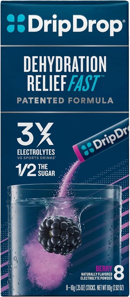 DripDrop ORS Electrolyte Hydration Toz Sticks, Berry, 10g Sticks, 8 Count