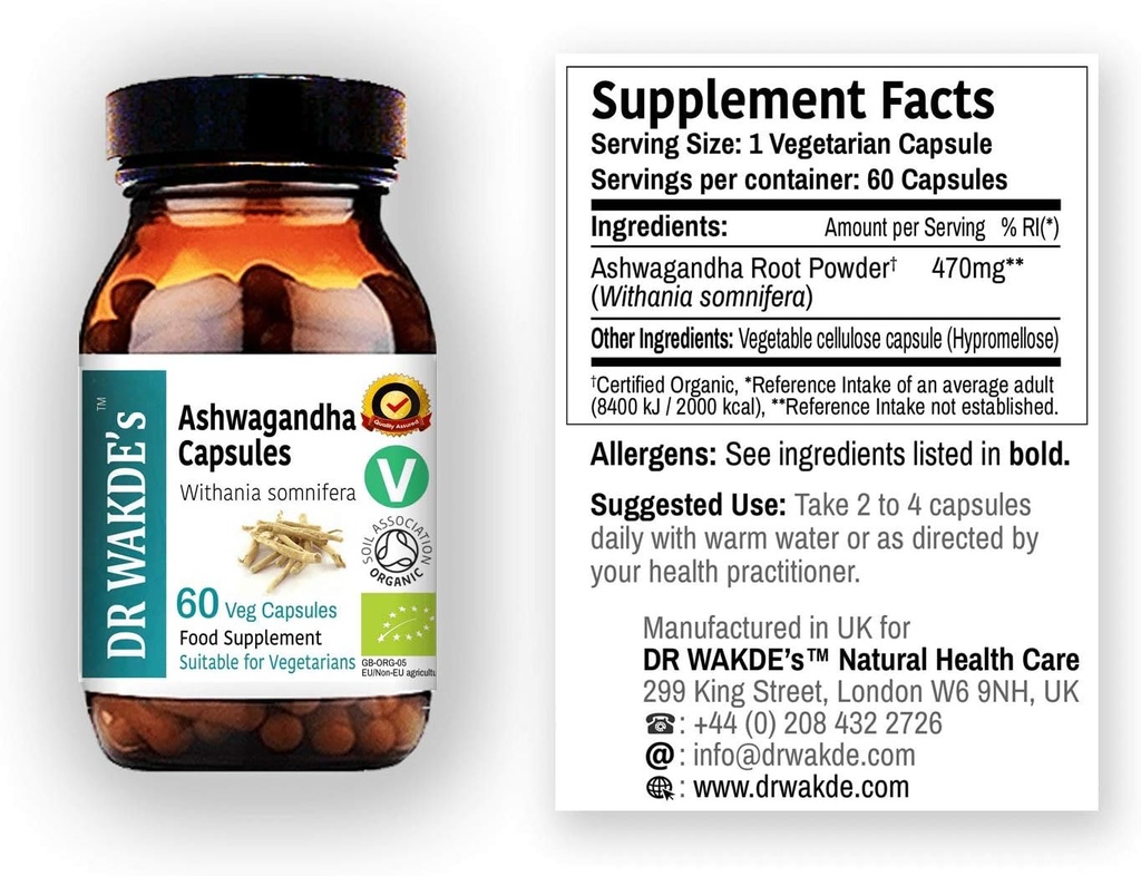 WAKDE的Ashwagandha Capsules(印度语:Ginseng, Withania somnifera, 60 Veg Caps, 植物补充品, Ayurvedic Herb, All Natural, Vegan)