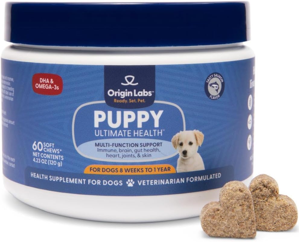 Origin Labs Puppy Multifunction Support DHA Omega 3 supplement, Wild Alaska Salmon Fish Oil, Probiotic for Gut Health, Immune Support, Heart, Skin, Brain, Joint Health, Salmon Flavor, 60 Soft Chews