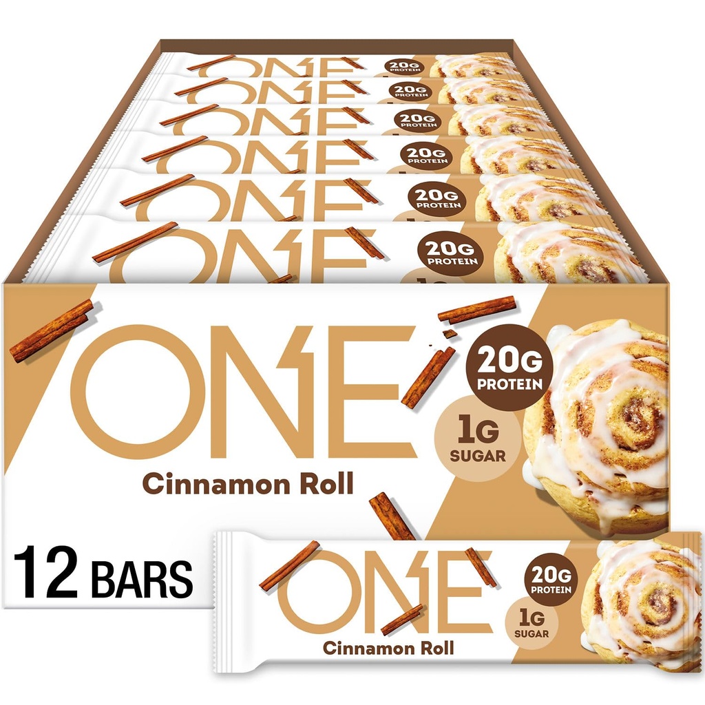 One Proteine Bars, Cinnamon Roll, Gluten Free cu 20g Proteina si 1g Zahăr, Cămar Capsator, 2,12 oz (12 Conte), Ambalaj mai Vary
