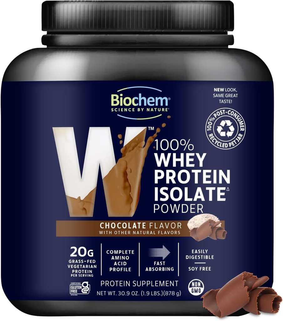 Biochem 100% Whey Isolate Protein Powder, Chocolate Flavor, 20g Grass-Fed Protein, Keto Friendly, Gluteeniton, kasvissyöjä, Helposti Digestible, 30,9 oz, 28 Tarjoilut