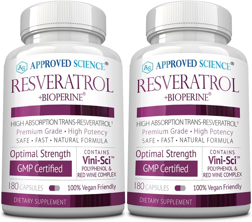 Approvato Science® Resveratrolo - 1000 mg di Trans Resveratrolo - 250 mg di Polyphenol - 98% di purezza Livello - Include Bioperine® - 380 Vegan Friendly Capsules - 2 bottiglie