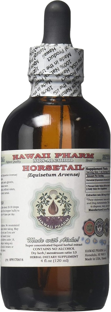 Horsetail Alcohol-Free Liquid Extract, Organic Horsetail (Equisetum arvense) Dried Herb Glycerite Hawaii Pharm Natural Herbal supplement 4 oz